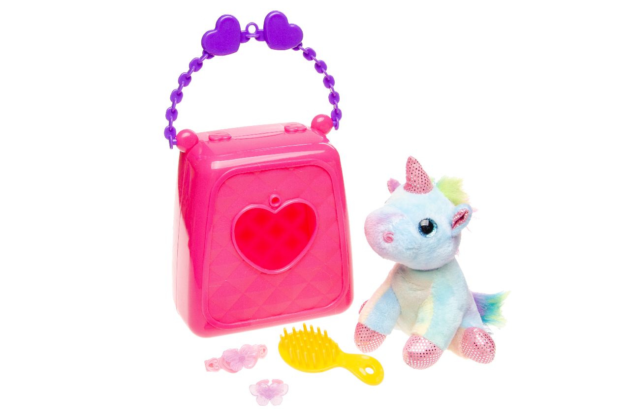 PLUCHE EENHOORN IN HANDTASJE MET ACCESSOIRES